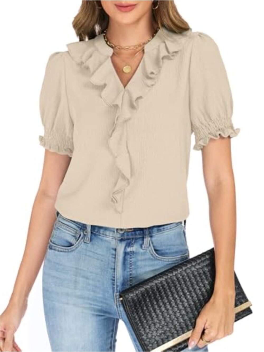 Womens Dressy Casual Blouse Puff Sleeve V Neck Ruffle Smocked Cuff Work Top